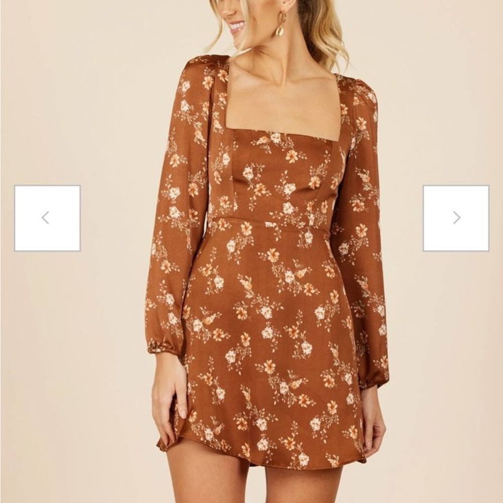 Park & Fifth Rust Brown Floral Long Sleeve Square Neck Mini Dress